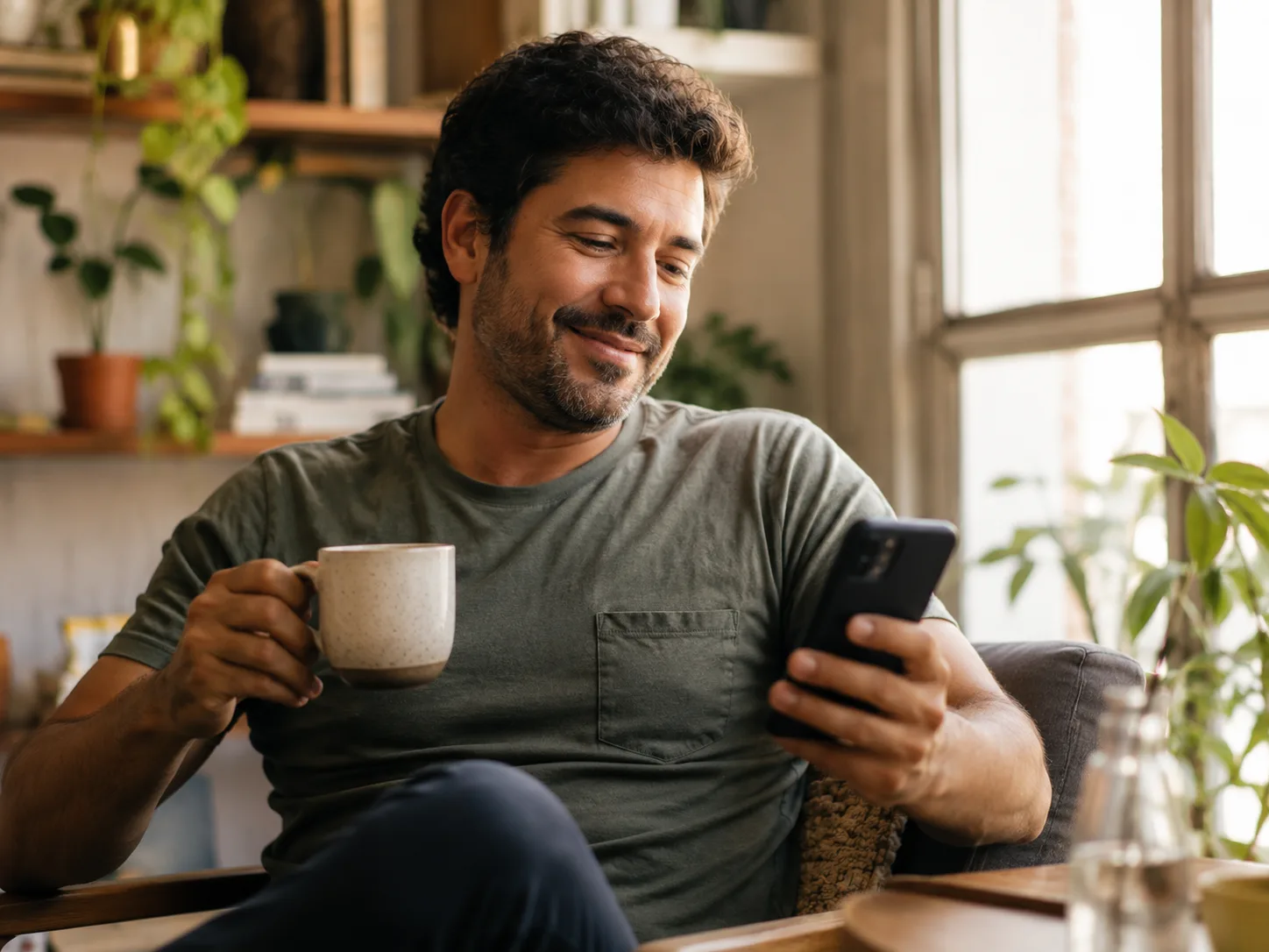 Homem relaxado em casa, sentado no sofá com uma xícara de café, sorrindo enquanto consulta o celular perto da janela com luz natural