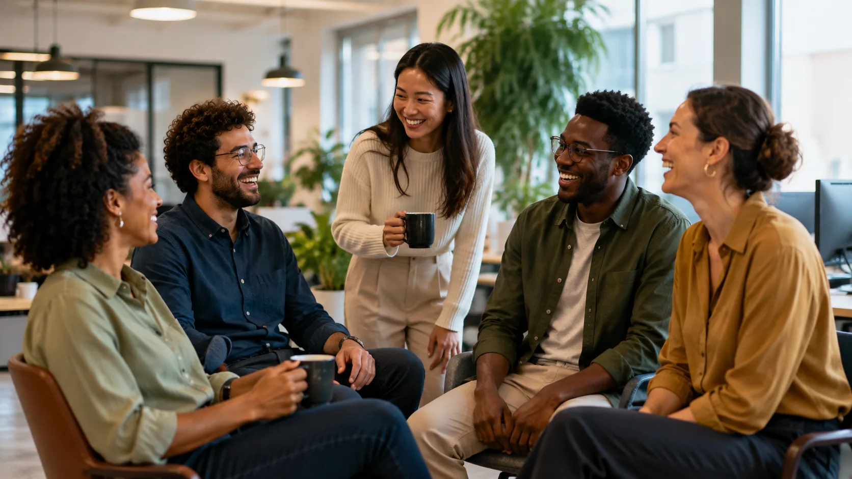 Equipe diversa conversando de forma descontraída em um escritório