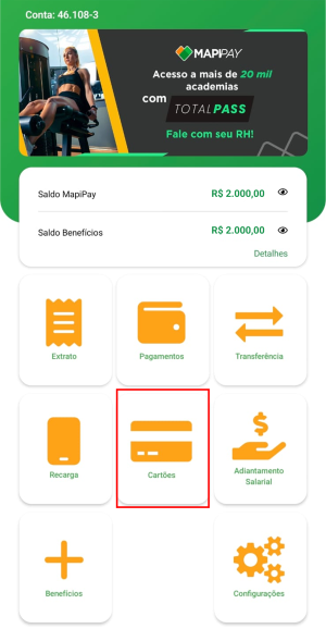 Tela do app Mapipay — inclusão do cartão Mapiflex, passo 1
