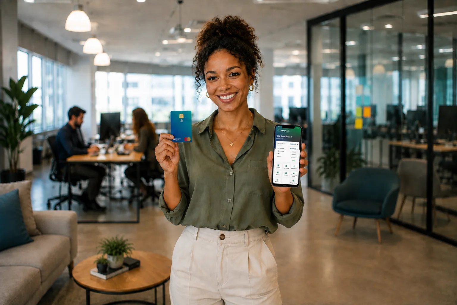 Profissional sorridente segurando o cartão MAPIFLEX e o app Mapipay em um escritório moderno