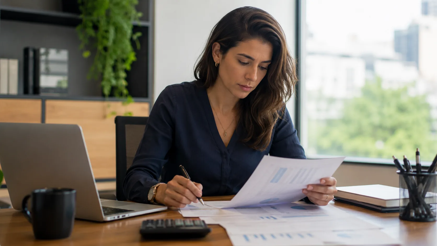 Profissional analisando relatórios financeiros em uma mesa de escritório