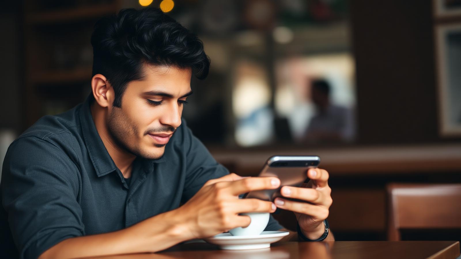 Trabalhador em um momento tranquilo em casa consultando o celular, representando acesso ao salário já trabalhado sem burocracia