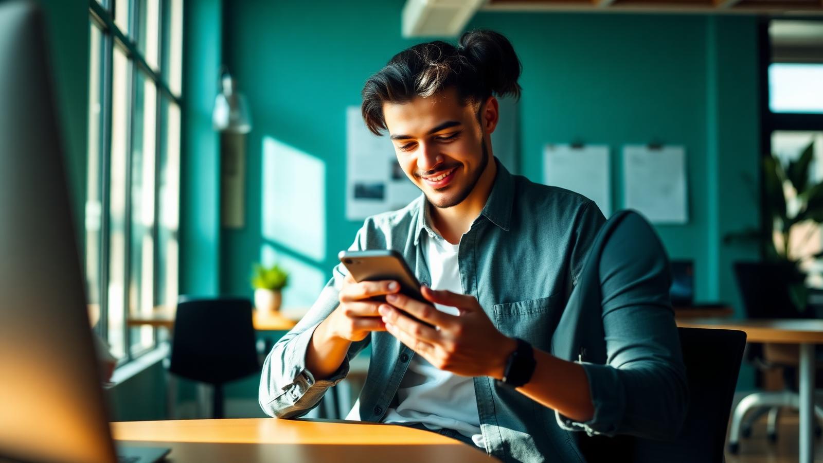 Colaborador escolhendo como usar seu benefício pelo celular em um momento cotidiano fora do escritório, com luz natural